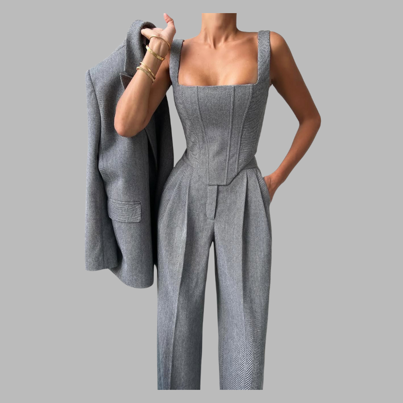 Elegancki, trzyczęściowy damski garnitur z podwójnym żakietem – elegancki strój na imprezę