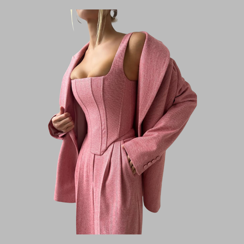 Elegancki, trzyczęściowy damski garnitur z podwójnym żakietem – elegancki strój na imprezę